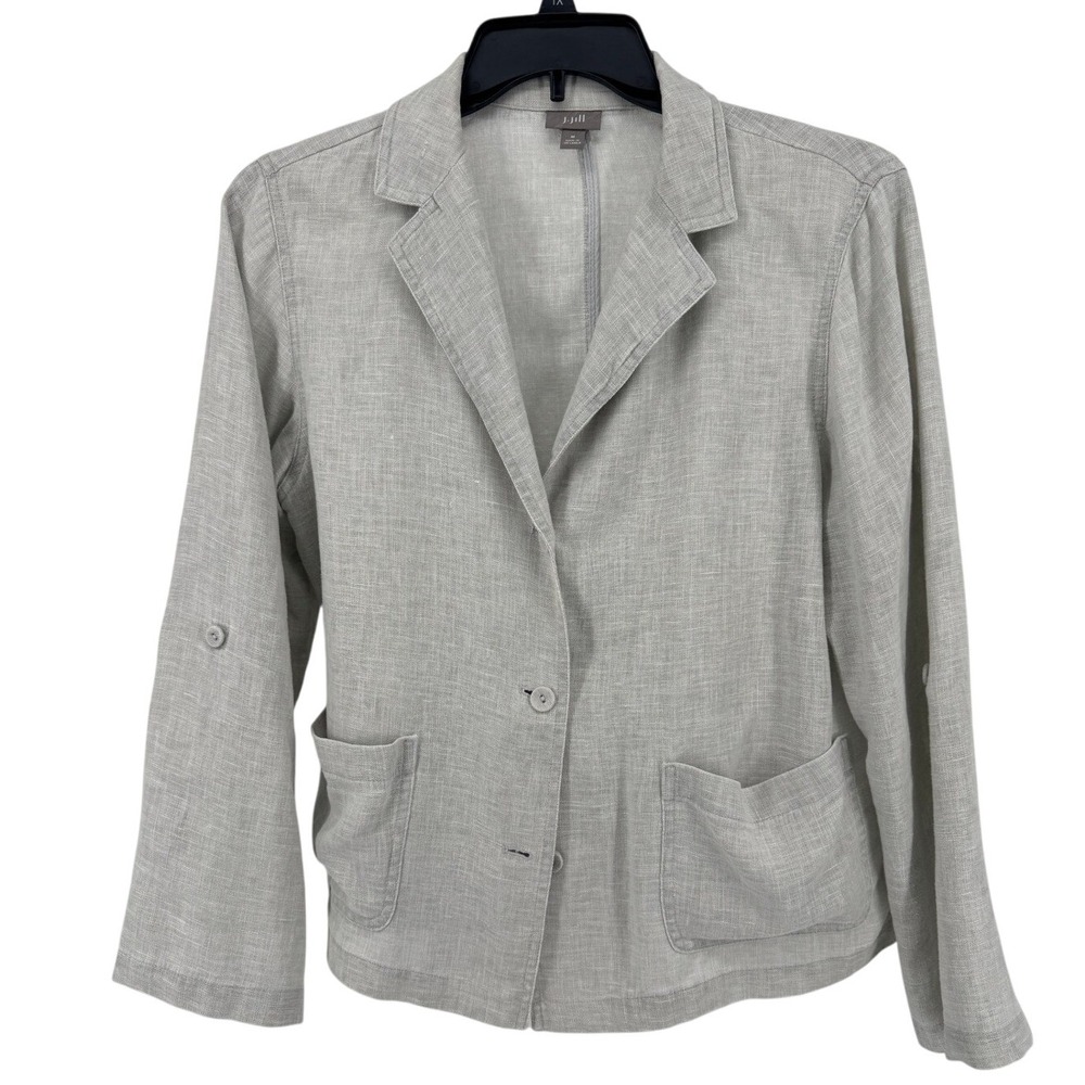 J.Jill Womens Linen Blend Blazer Jacket M Gray Pockets Tabbed Boxy Lagenlook‎